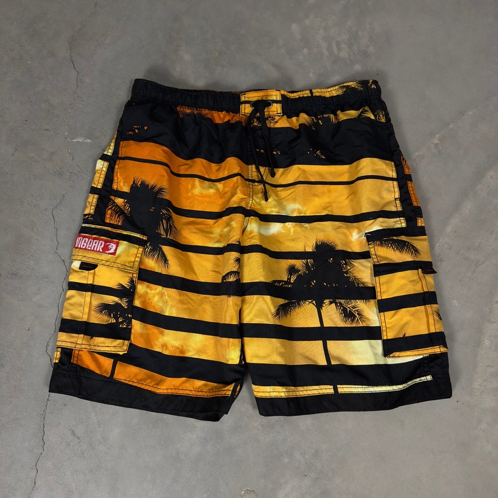 Vintage Ingear Board Shorts Mens XXL Orange Baggy‎ Palm Tree Sunset Cargo Swim